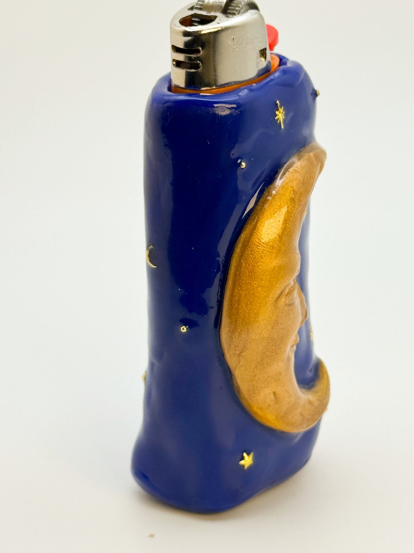 Handmade Celestial Moon Lighter Case Gold – Polymer Clay 90s Inspired Starry Night Cover
