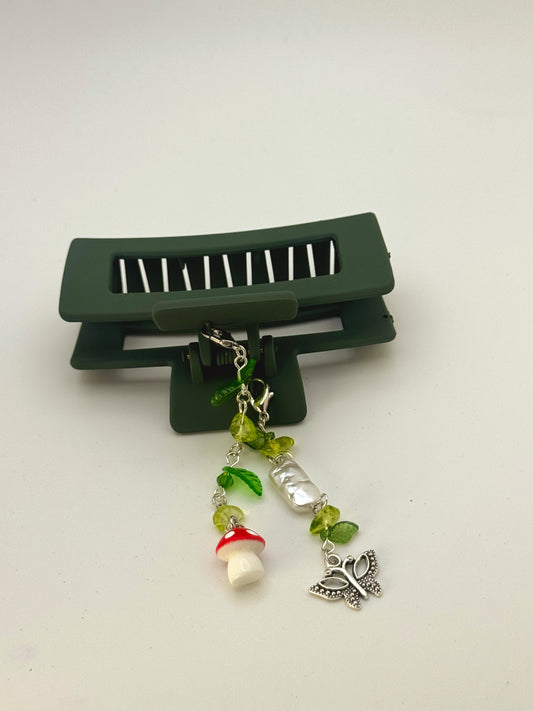 Dark Green Medium Claw Clip with Handmade Beaded Charms | Removable Charm Clip | 3.1”