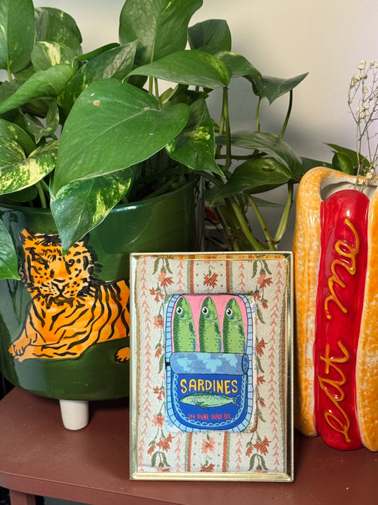 Handmade Sardines Art Print in Vintage-Style Brass Frame | Whimsical Kitchen Wall Art | 5.5” x 7.5”