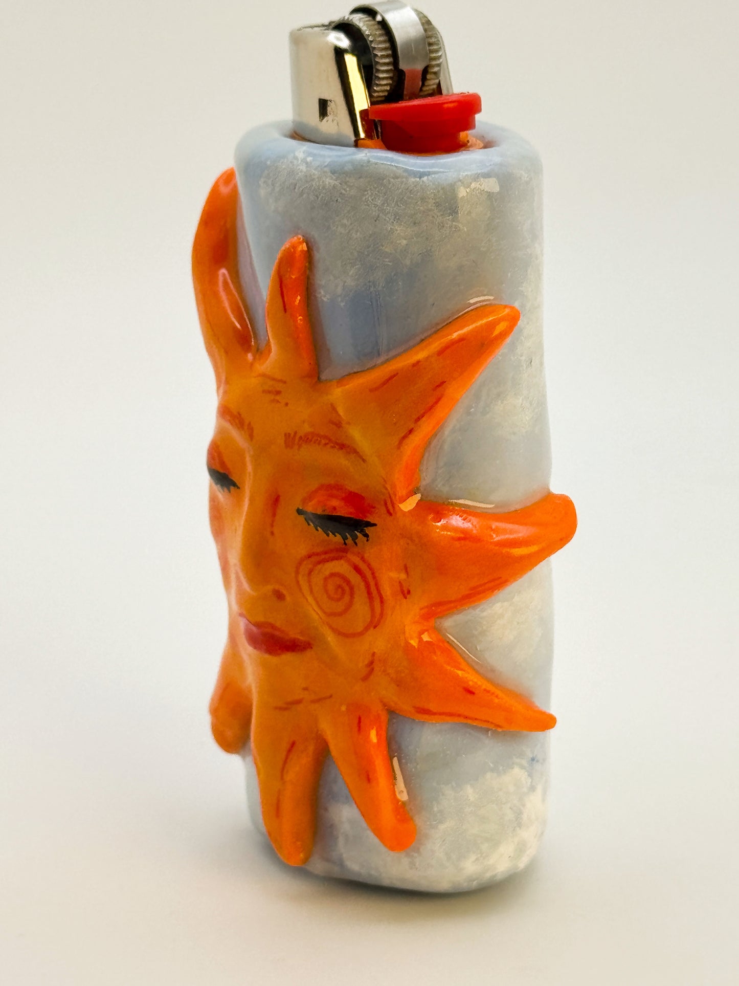 Handmade Sun Face Lighter Case – Polymer Clay Celestial Cover – Fits Standard Bic Lighter
