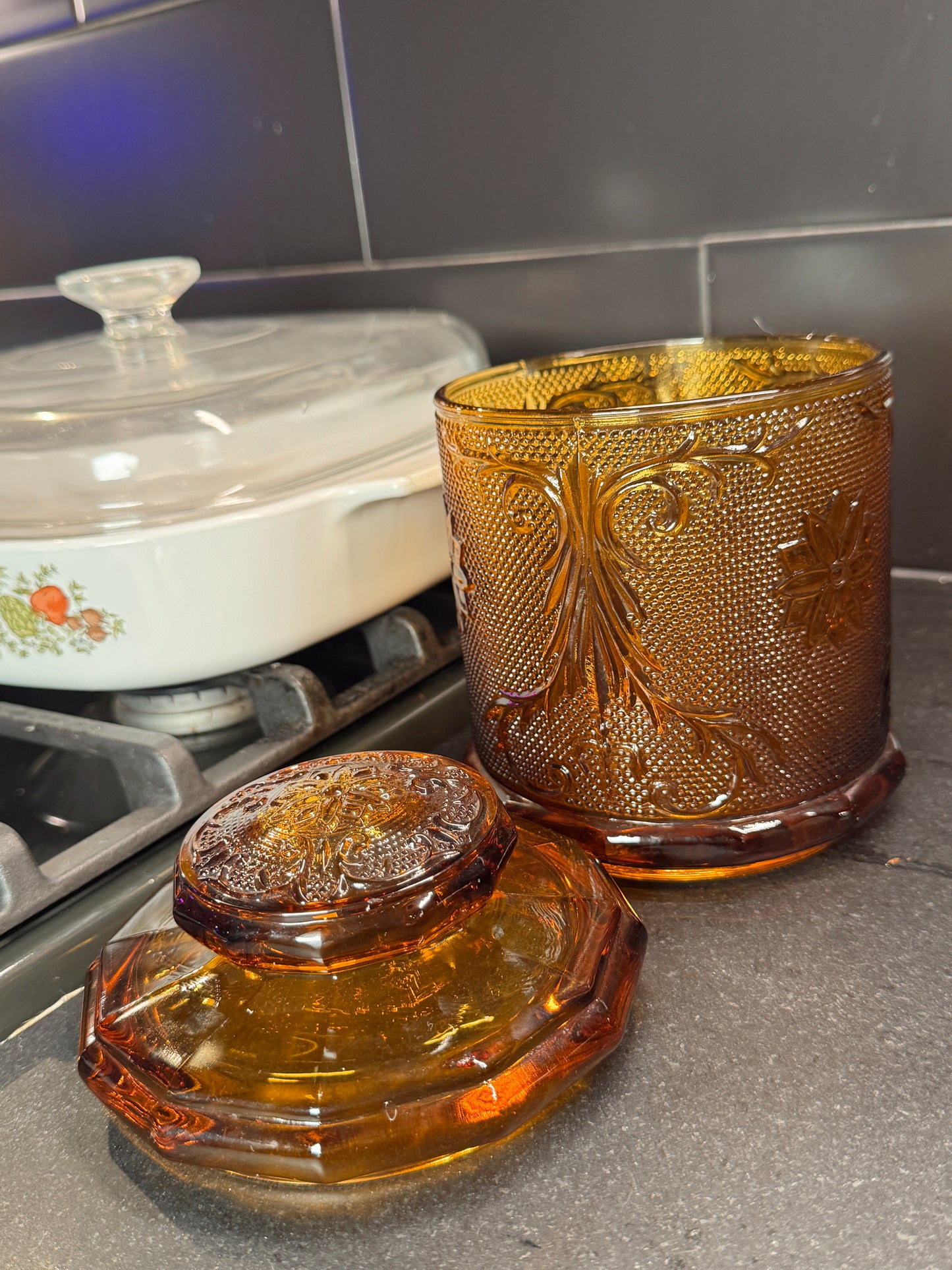 Vintage Amber Glass Lidded Canister Jar • Floral Pressed Glass • Heavy Indiana-Style Storage Jar