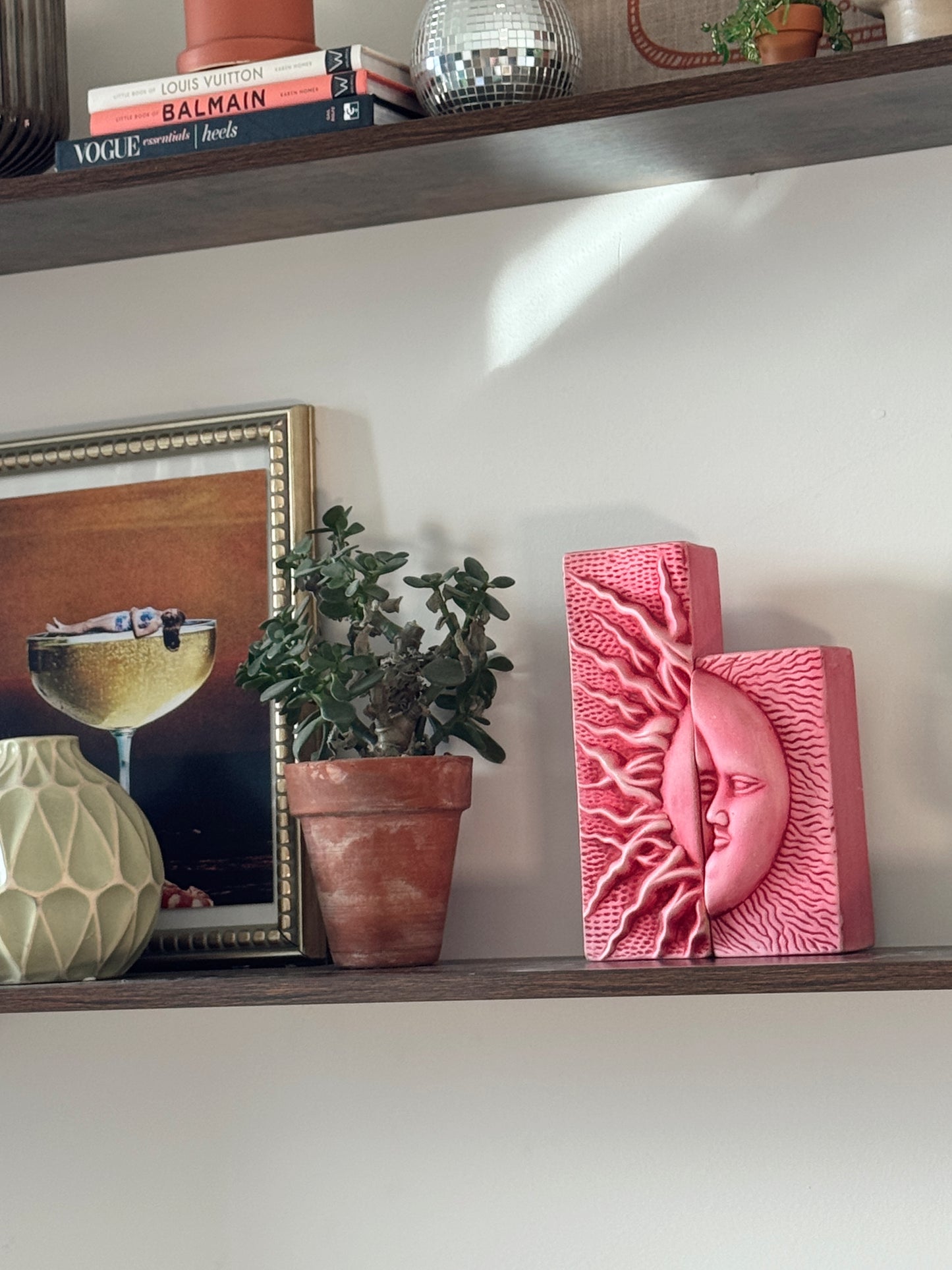 Vintage Pink Ceramic Sun & Moon Sculptural Bookends / Candle Holders (Set of 2)