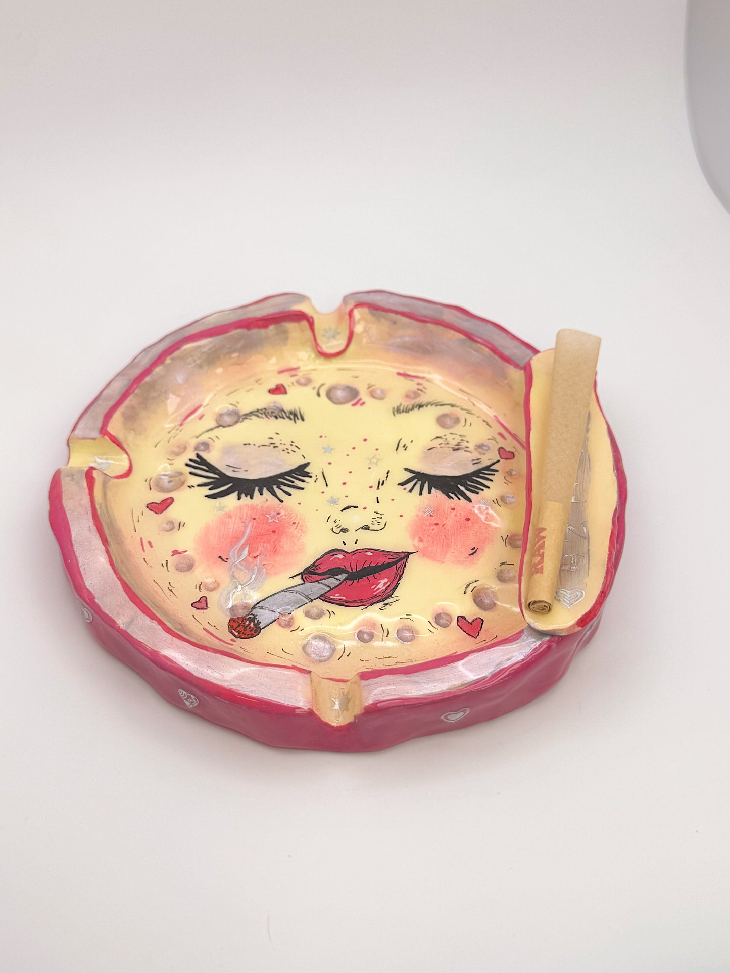 Pink Smoking Moon Ashtray – Hand-Painted Celestial Moon Dish (5.5”)