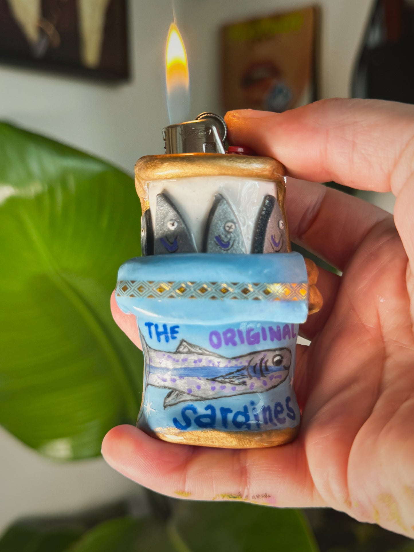 Sardine Tin Lighter Case| Fits Standard Bic | Handmade Polymer Clay Art