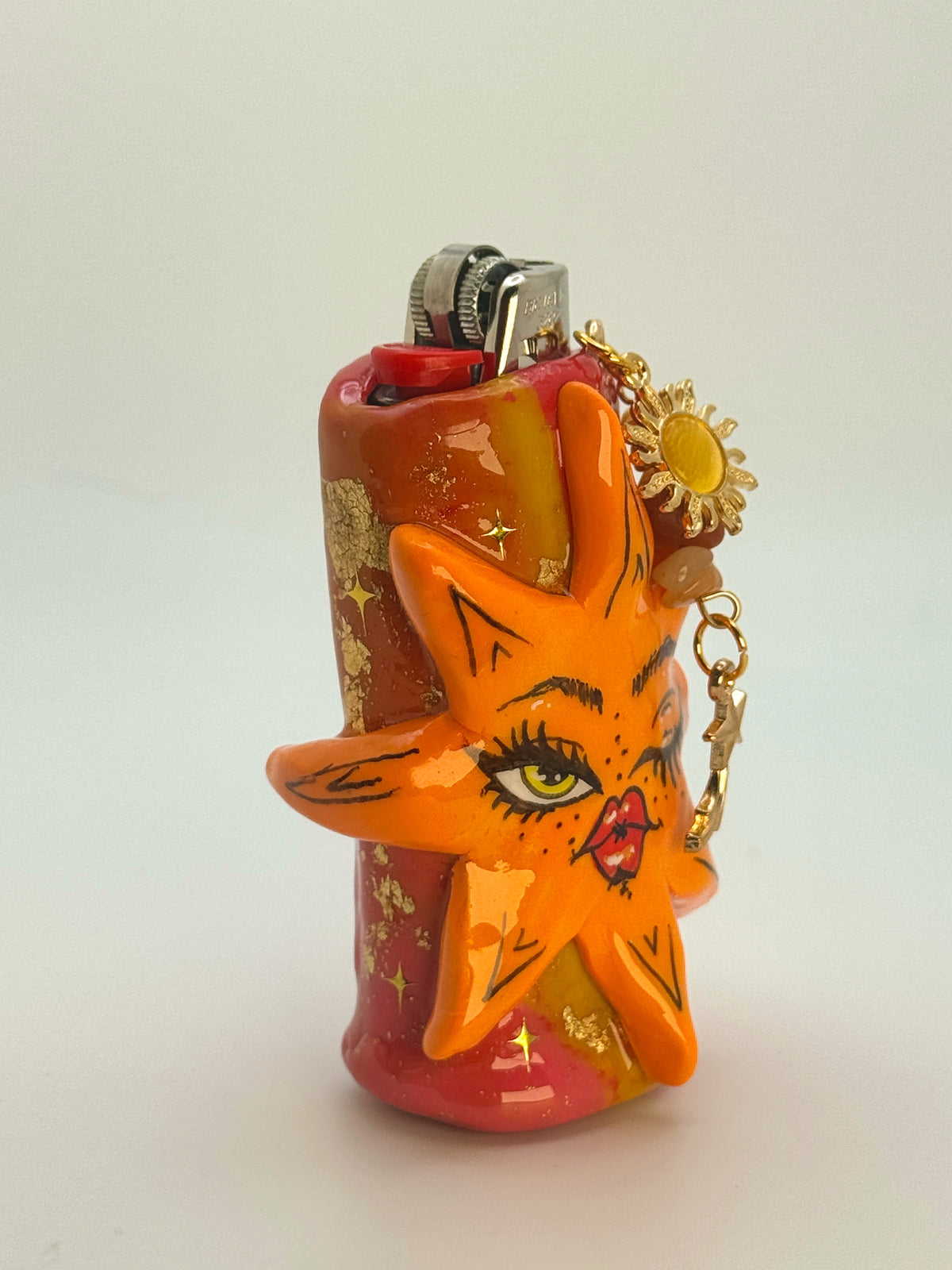 Whimsical Sun Case with charm| Fits Standard Bic | Handmade Polymer Clay Art