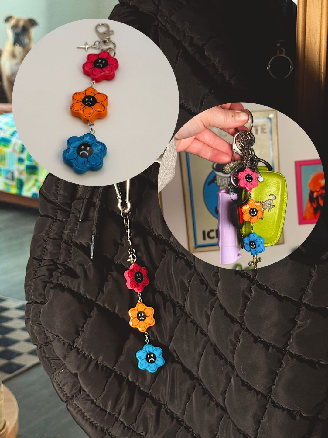 Mood Swing Flower Bag Charm – Handmade Polymer Clay Keychain