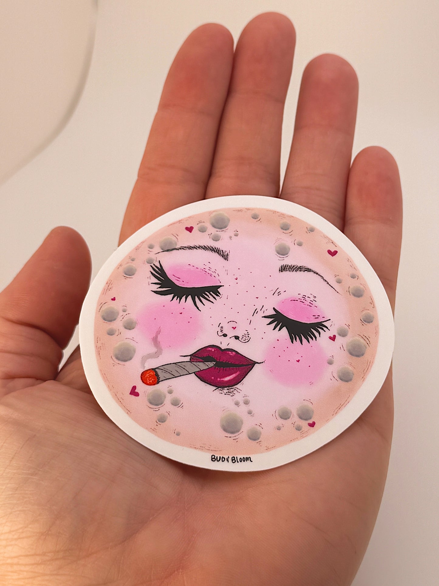 Smoking Moon Vinyl Sticker | Whimsical Celestial Moon Art