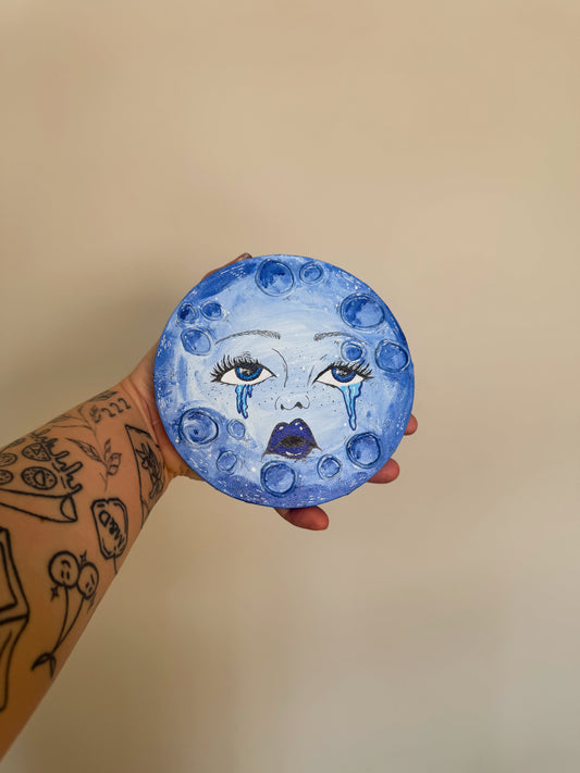 Sad Girl Moon – Hand-Painted Moon Face Wall Art (6” Textured Canvas)