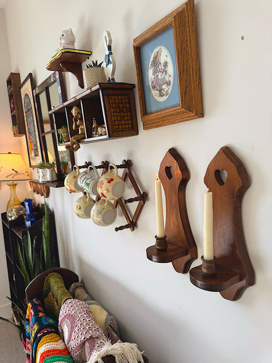 Vintage Wooden Heart Wall Sconces (Set of 2) – Candle Holders – Cottagecore / Whimsical Wall Decor