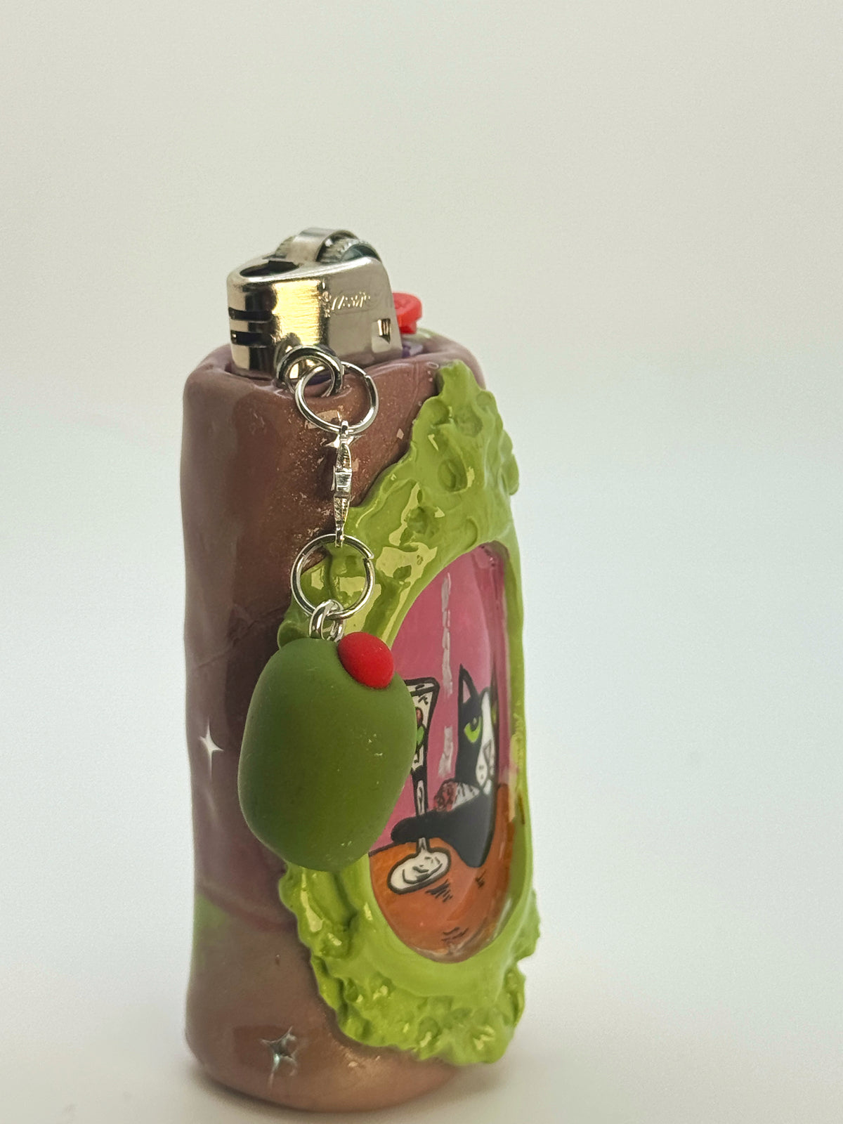 Vintage Frame Martini Kitty Case with charm| Fits Standard Bic | Handmade Polymer Clay Art