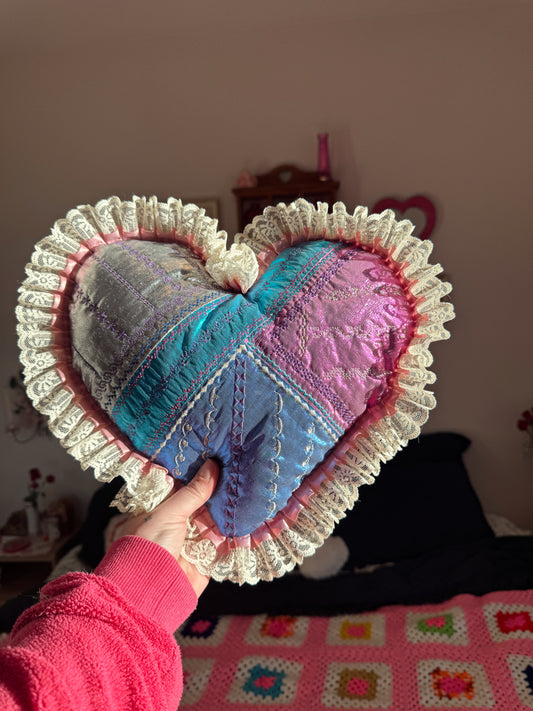 Vintage Lace-Trim Heart Pillow | Patchwork Floral Cottagecore Accent