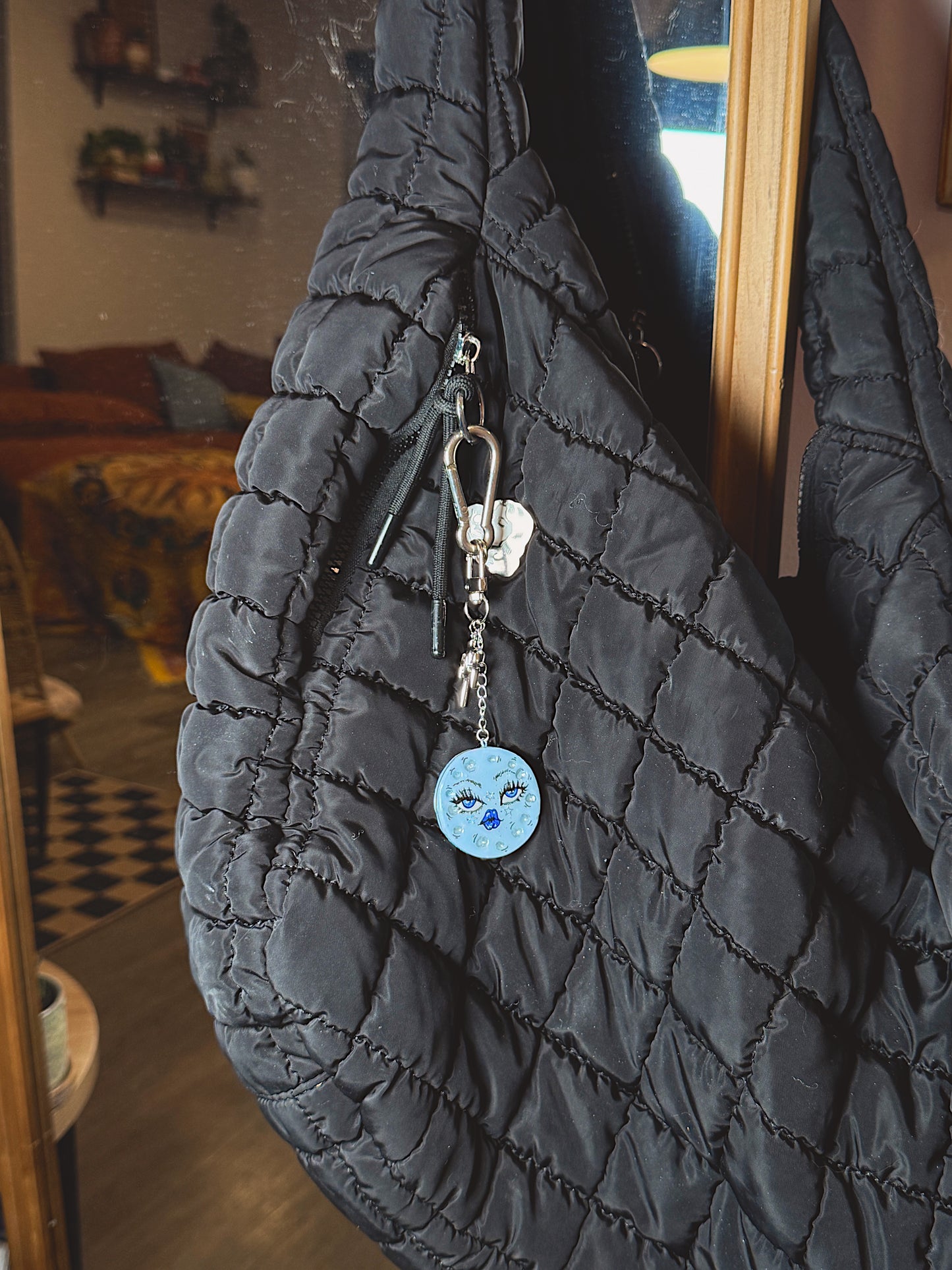 Blue Moon Face Keychain & Bag Charm – Hand-Painted Celestial Charm with Star Accent