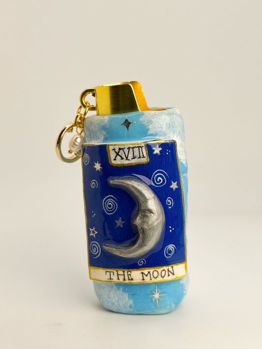 The Moon Tarot Card Lighter Case w/ Charm | Fits Standard Bic | Handmade Polymer Clay Art