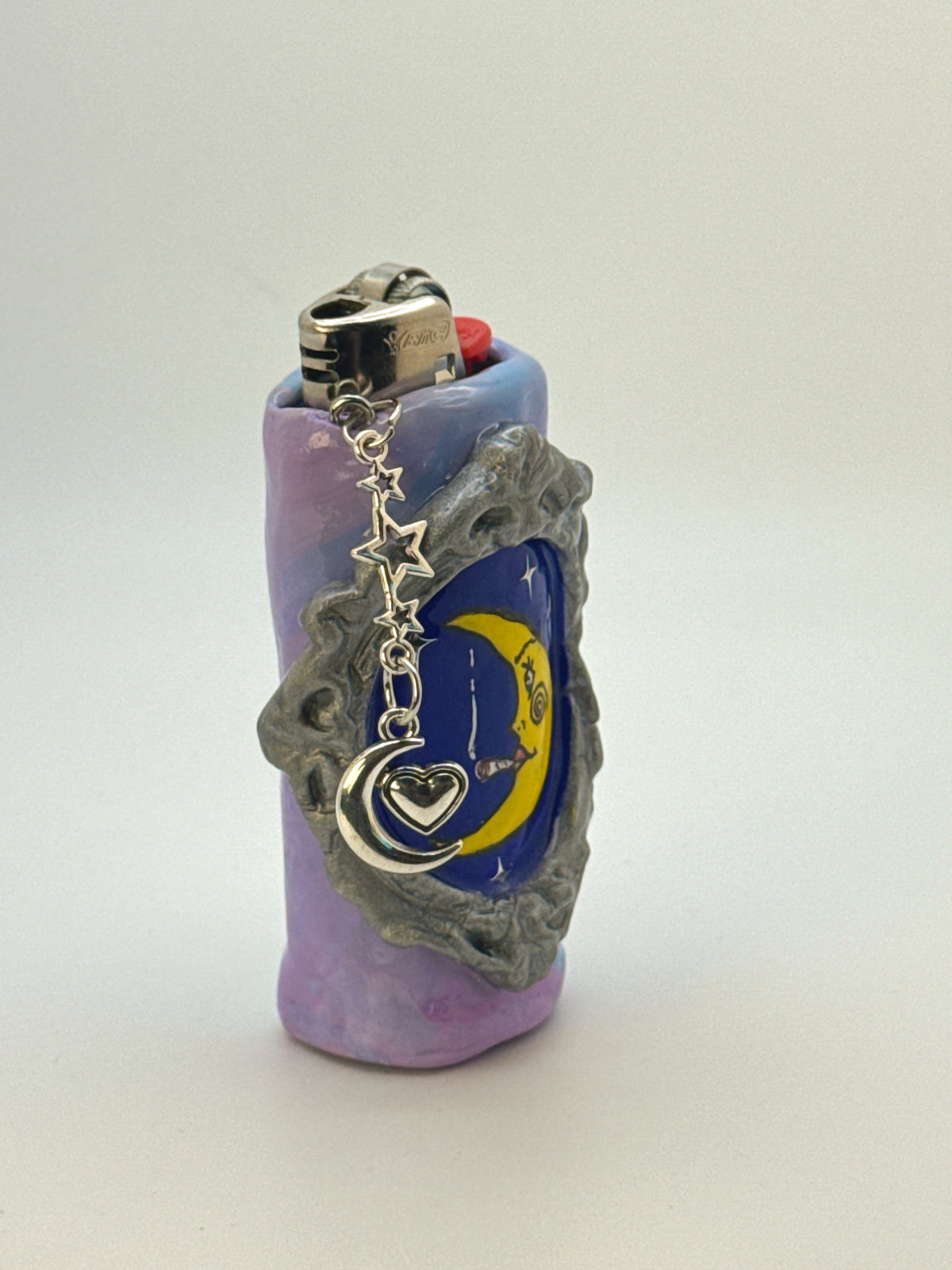 Vintage Frame Smoking Moon Case with charm| Fits Standard Bic | Handmade Polymer Clay Art
