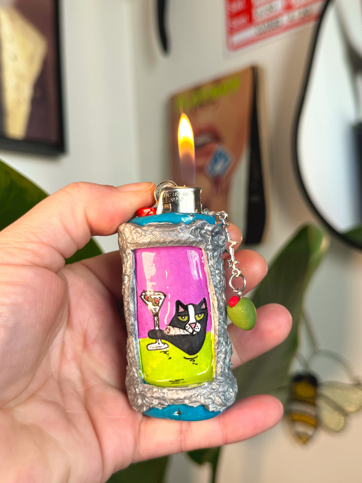 Vintage Frame Martini Kitty Case with charm| Fits Standard Bic | Handmade Polymer Clay Art