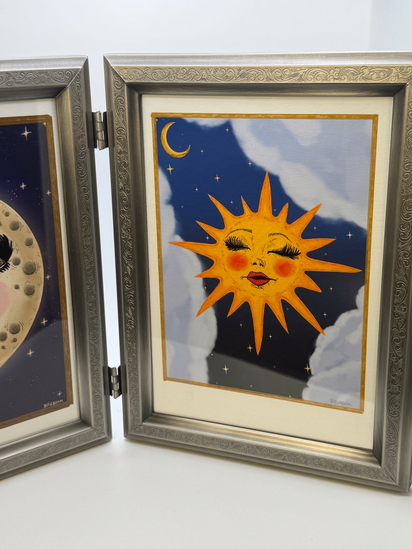 Vintage Hinged Double Frame with Sun & Moon Art Prints – Celestial Wall or Table/Shelf Display