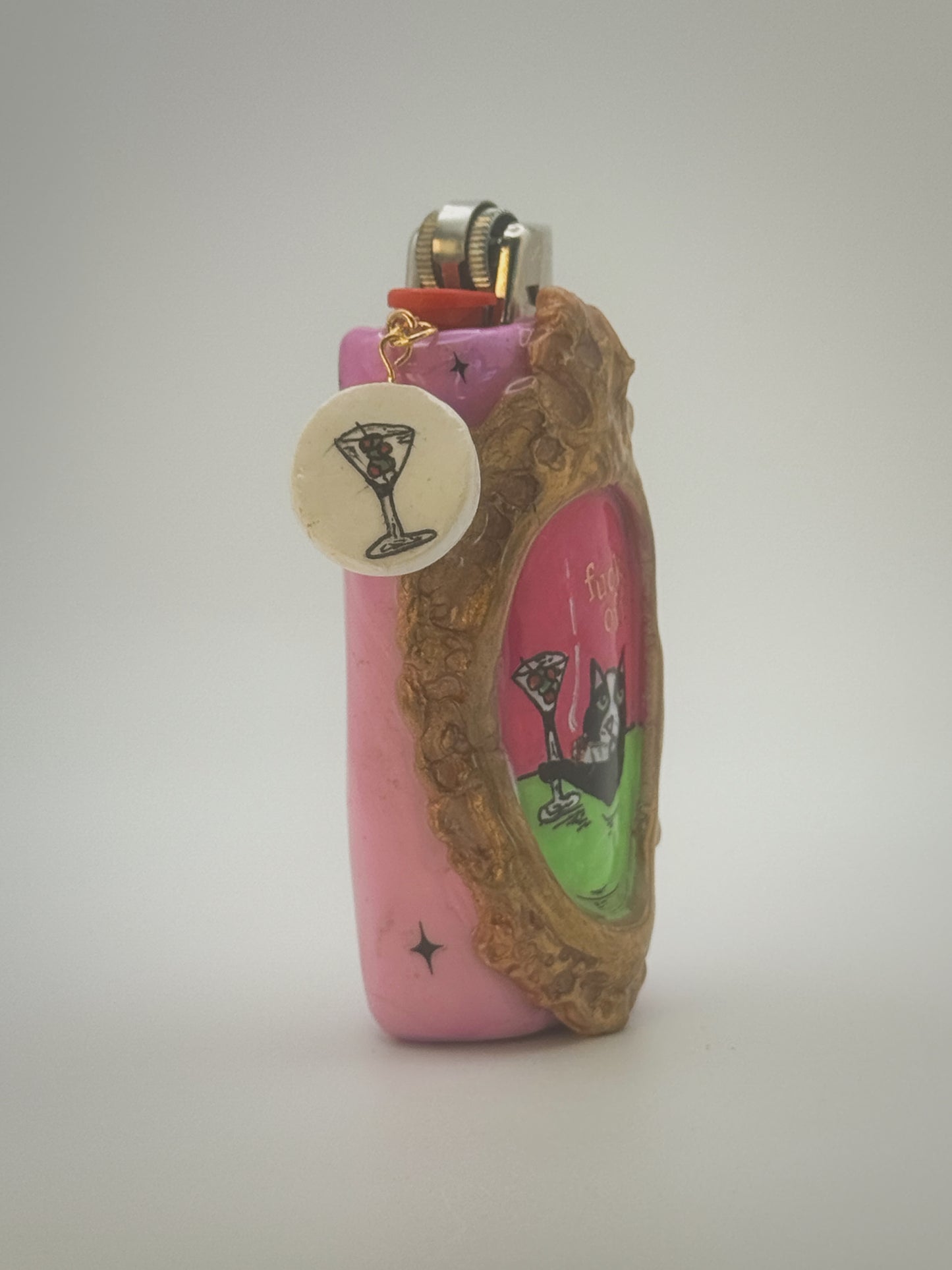 Meowtini Cat Lighter Case with charm| Fits Standard Bic | Handmade Polymer Clay Art