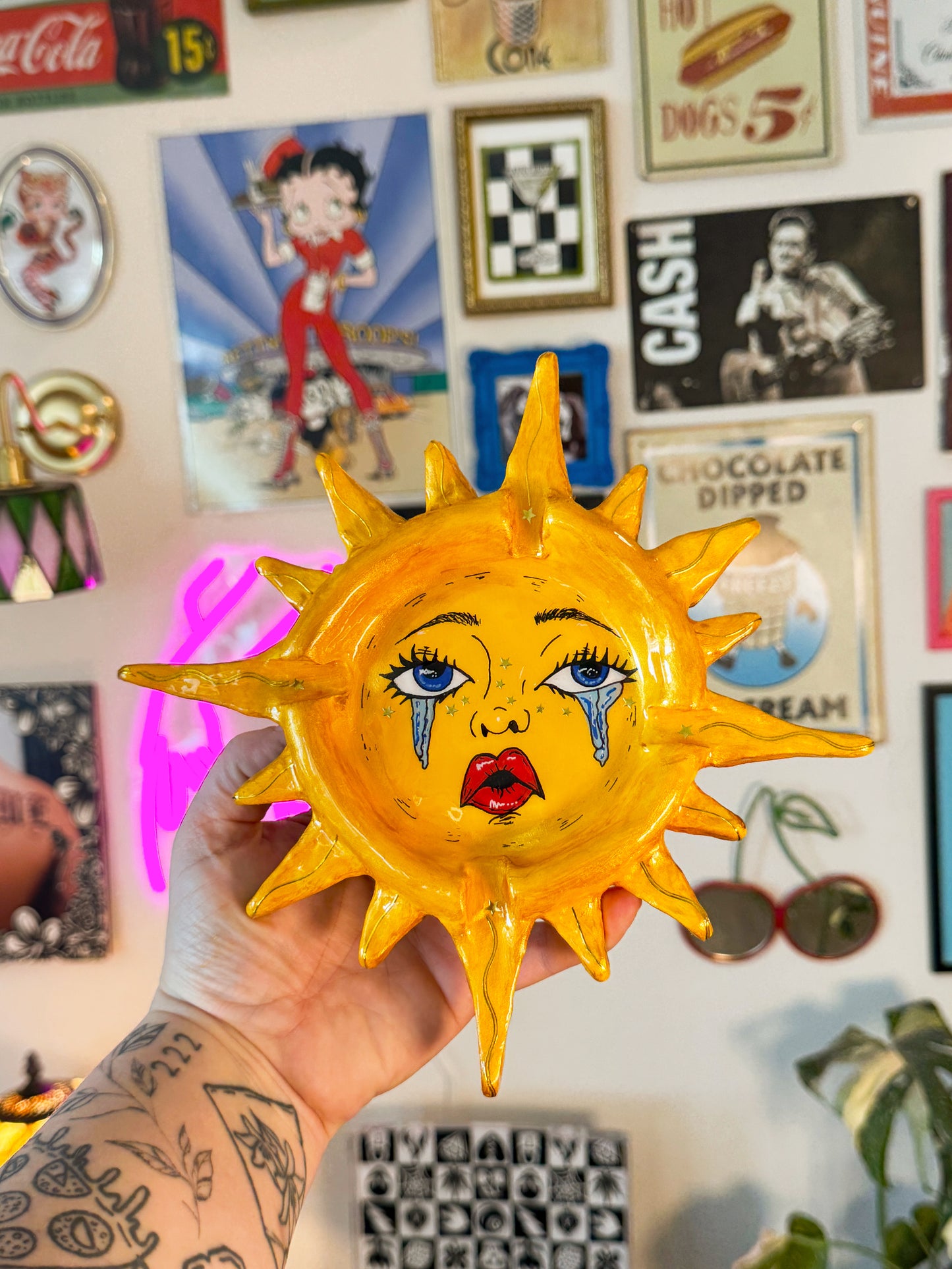 Crying Sun Ashtray – 9” Polymer Clay Celestial Sun Tray