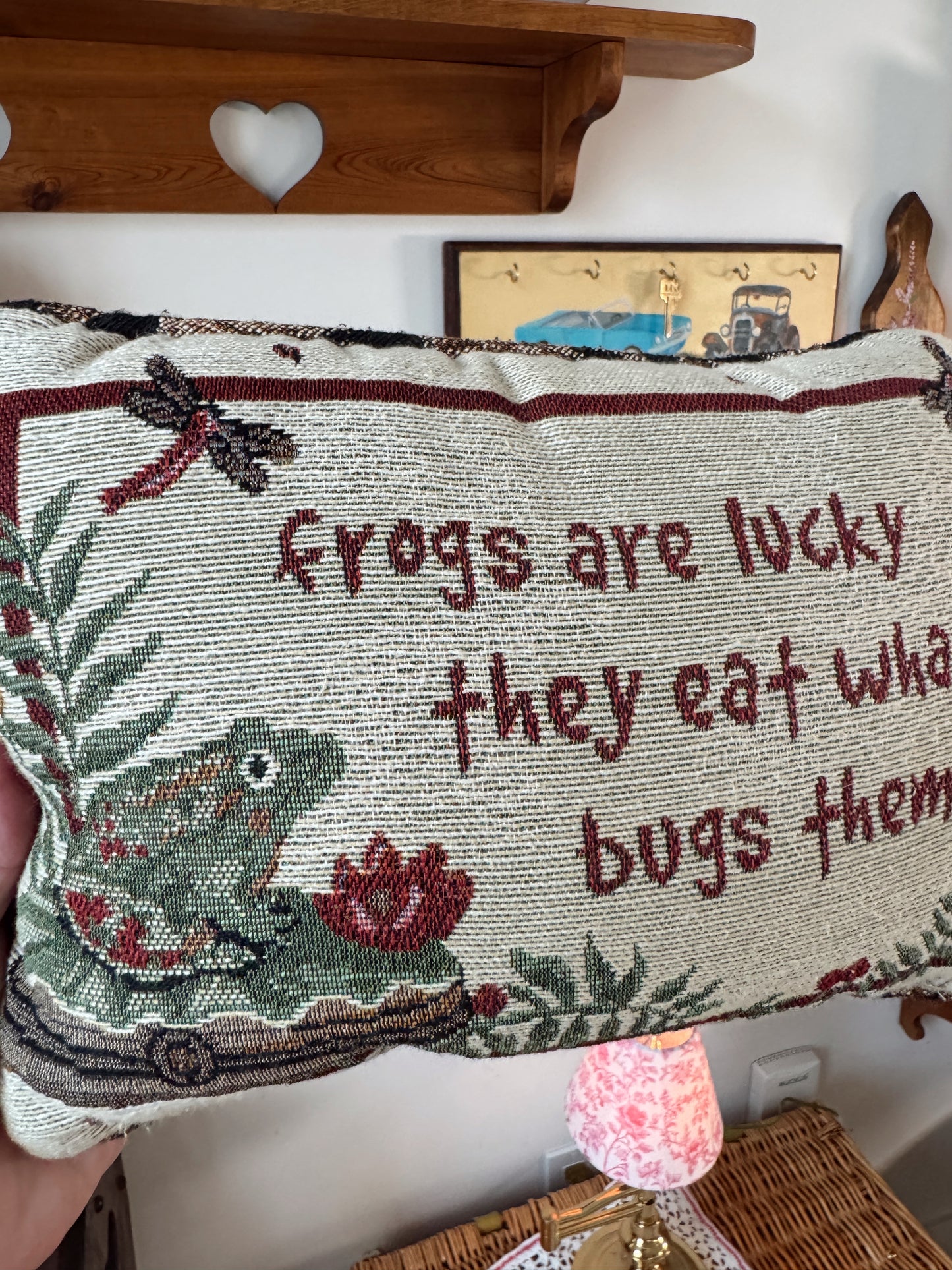 Vintage Whimsical Frog Needlepoint Style Pillow