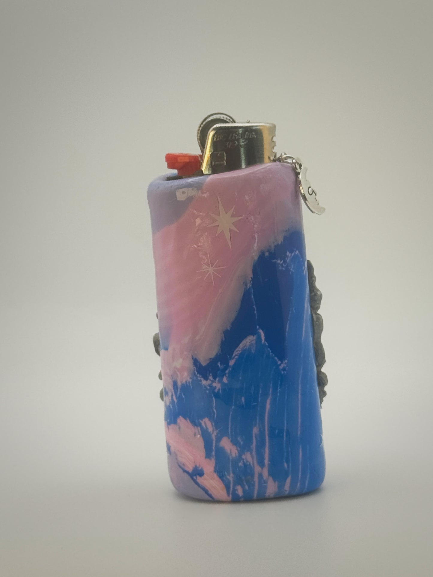 Smoking Moon Lighter Case with charm| Fits Standard Bic | Handmade Polymer Clay Art
