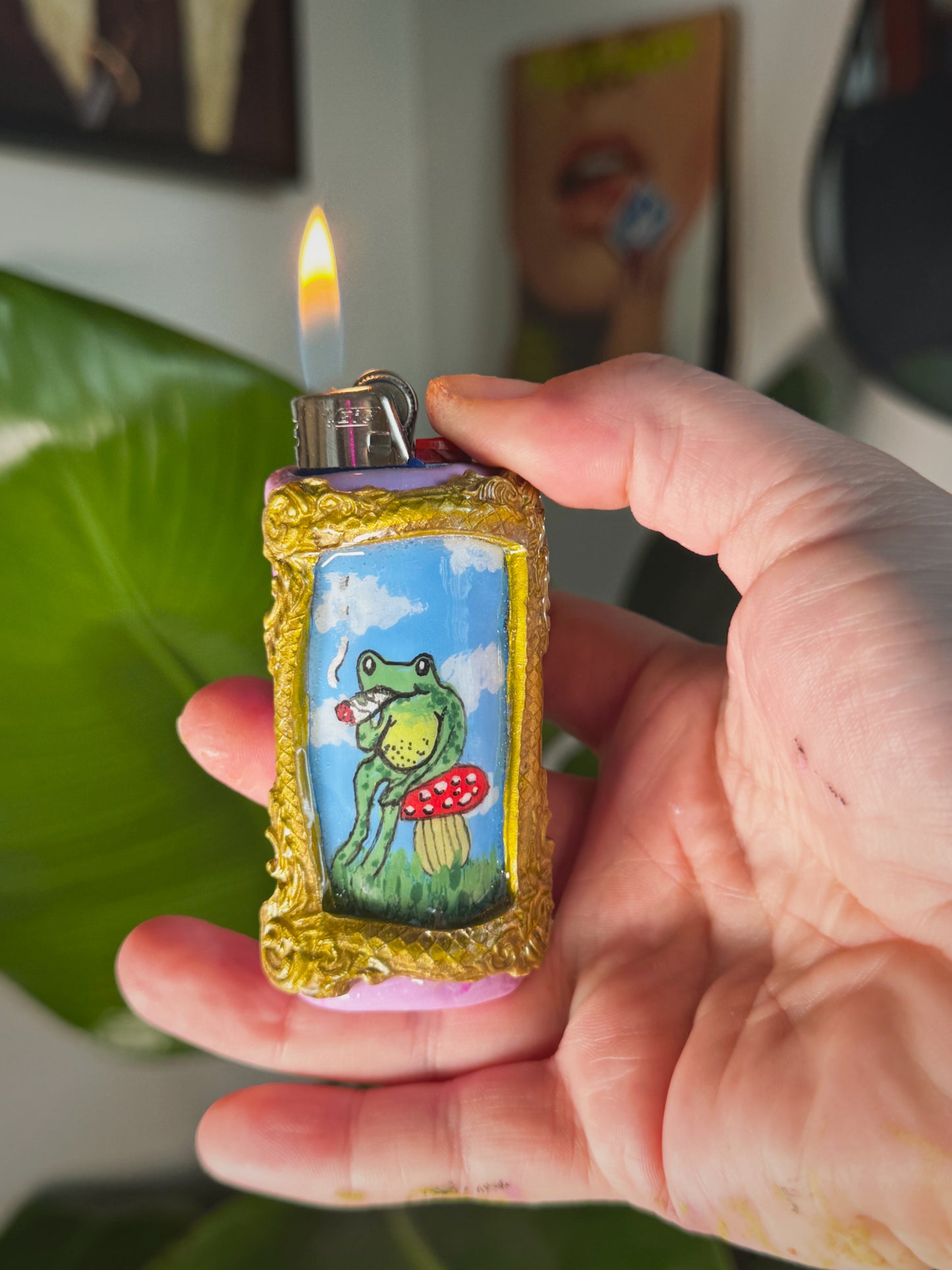 Vintage Frame Rip It Frog Lighter Case| Fits Standard Bic | Handmade Polymer Clay Art