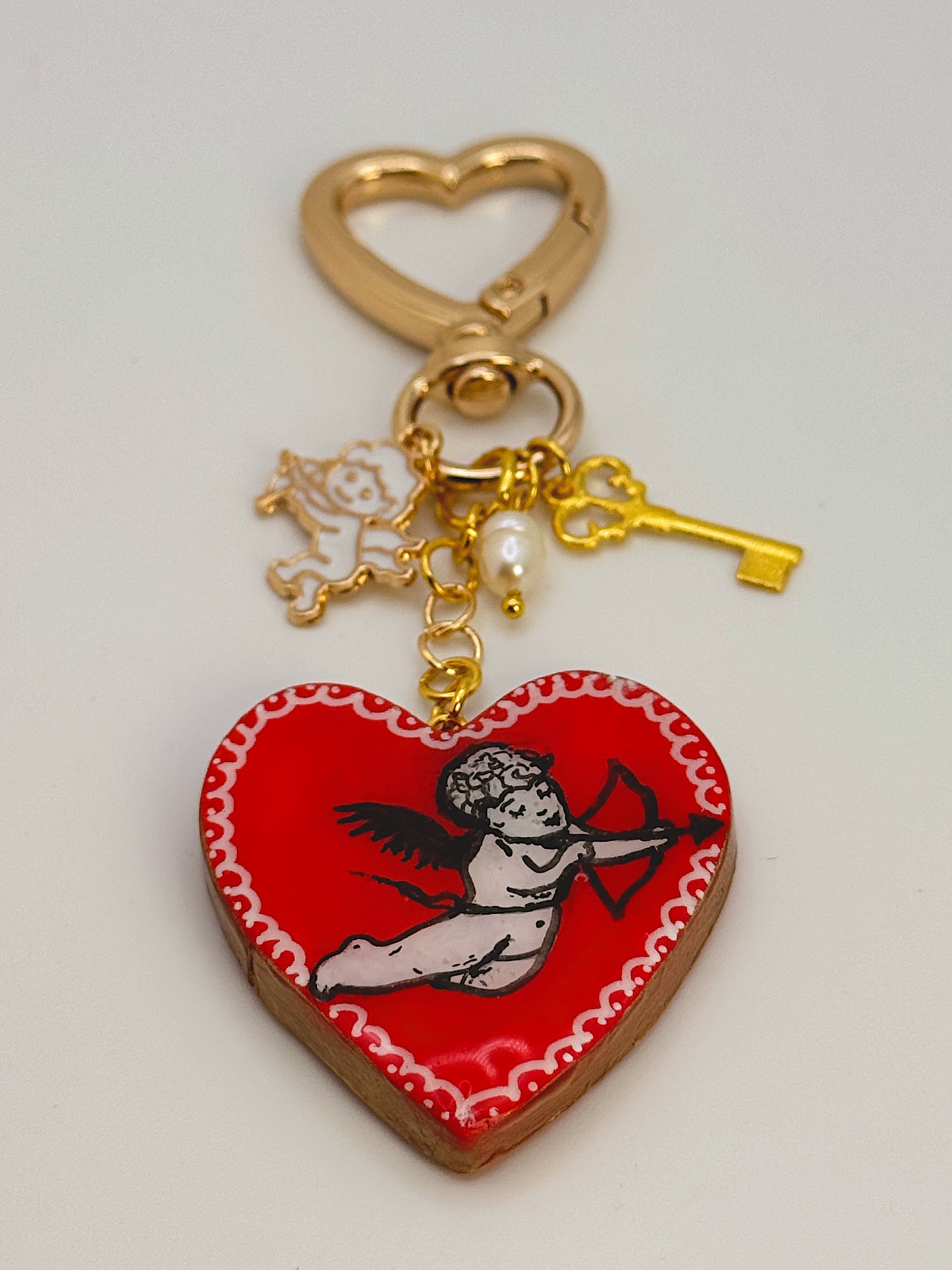 Cherub Heart Bag Charm – Handmade Cupid Keychain with Gold Heart Clip