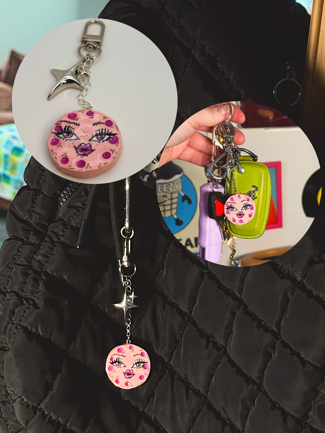 Mini Moon Face Bag Charm – Hand-Painted Celestial Keychain with Silver Hardware