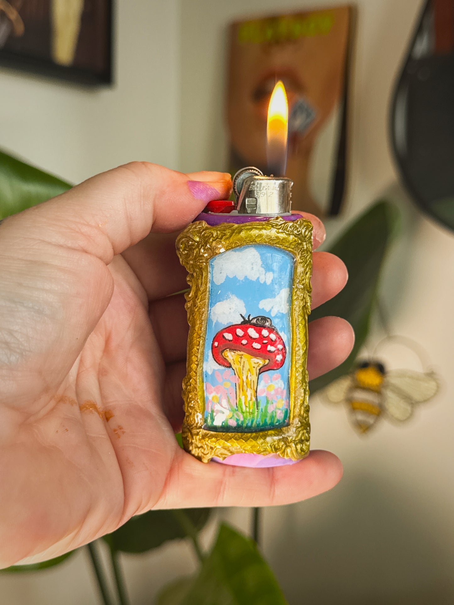 Vintage Frame Snail on Mushroom Lighter Case| Fits Standard Bic | Handmade Polymer Clay Art