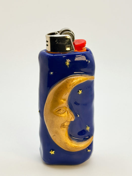 Handmade Celestial Moon Lighter Case Gold – Polymer Clay 90s Inspired Starry Night Cover