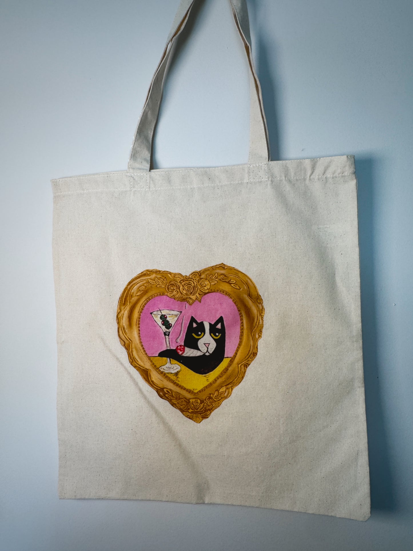 Meowtini Cat Hand-Pressed Tote Bag | 15x16 Natural Cotton