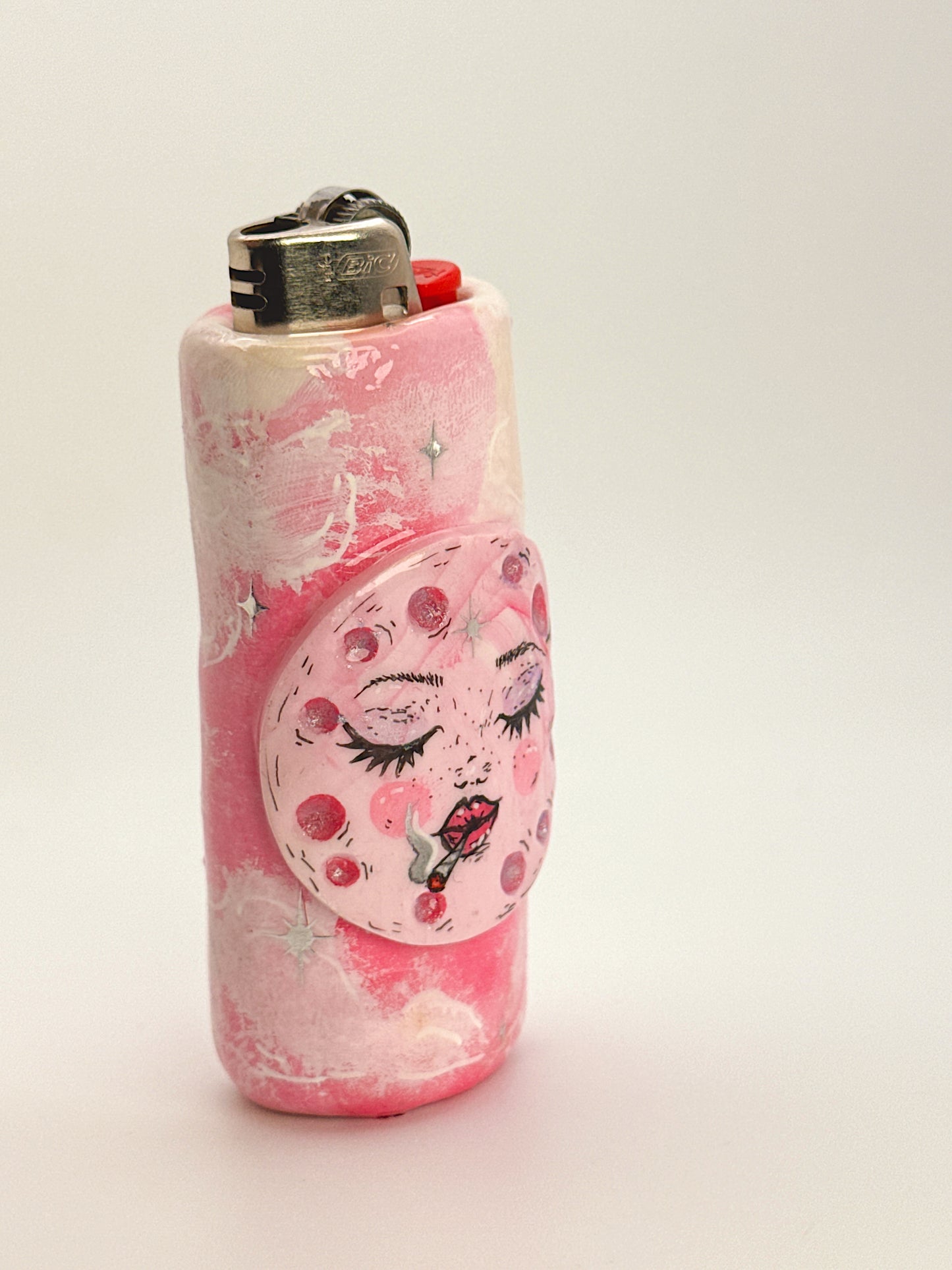 Smoking Moon Lighter Case – Handcrafted Moon Face Art Lighter Cover