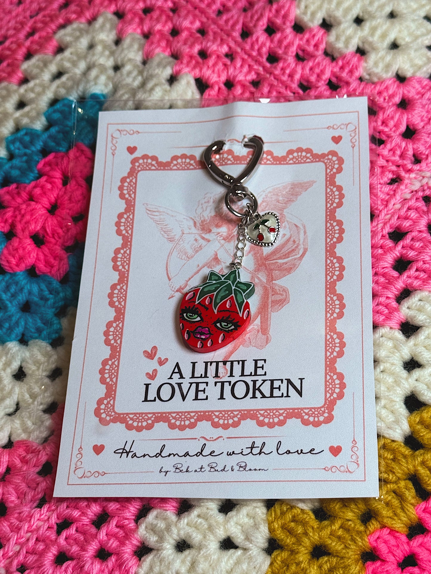 Mini Strawberry Bag Charm – Silver Heart Clip with Cherry Accent