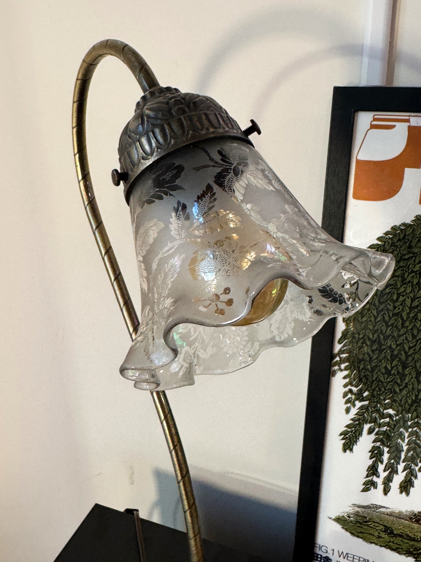 Vintage Brass Gooseneck Boudoir Lamp w/ Etched Glass Shade – 19”