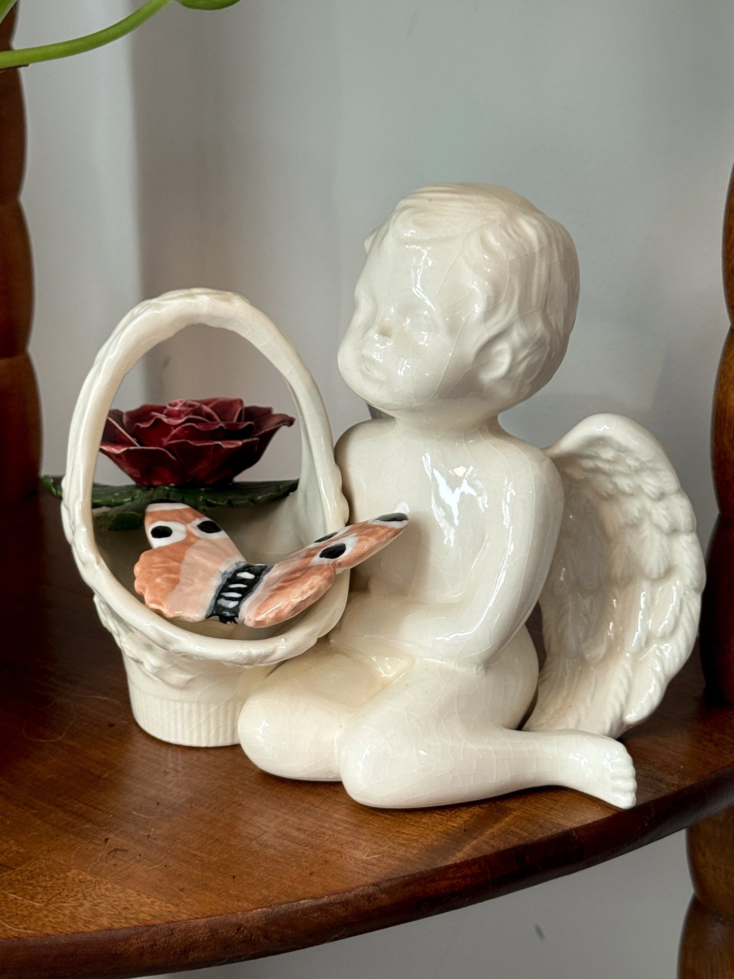 Vintage Ceramic Cherub Figurine with Basket & Rose