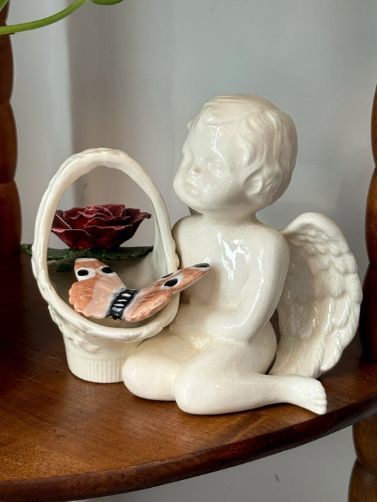 Vintage Ceramic Cherub Figurine with Basket & Rose