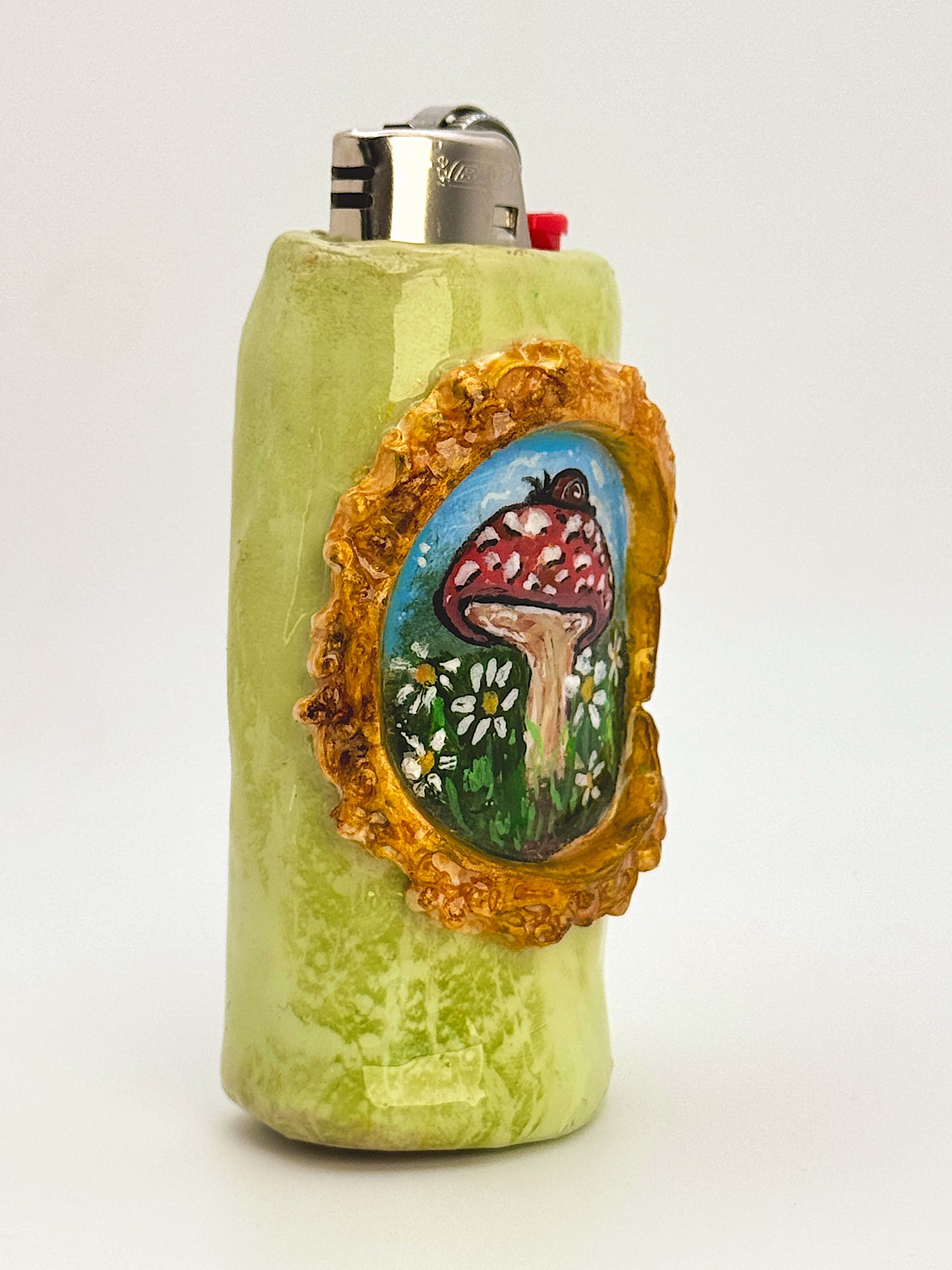 Mushroom Snail Lighter Case – Hand-Painted Woodland Scene with Vintage Frame