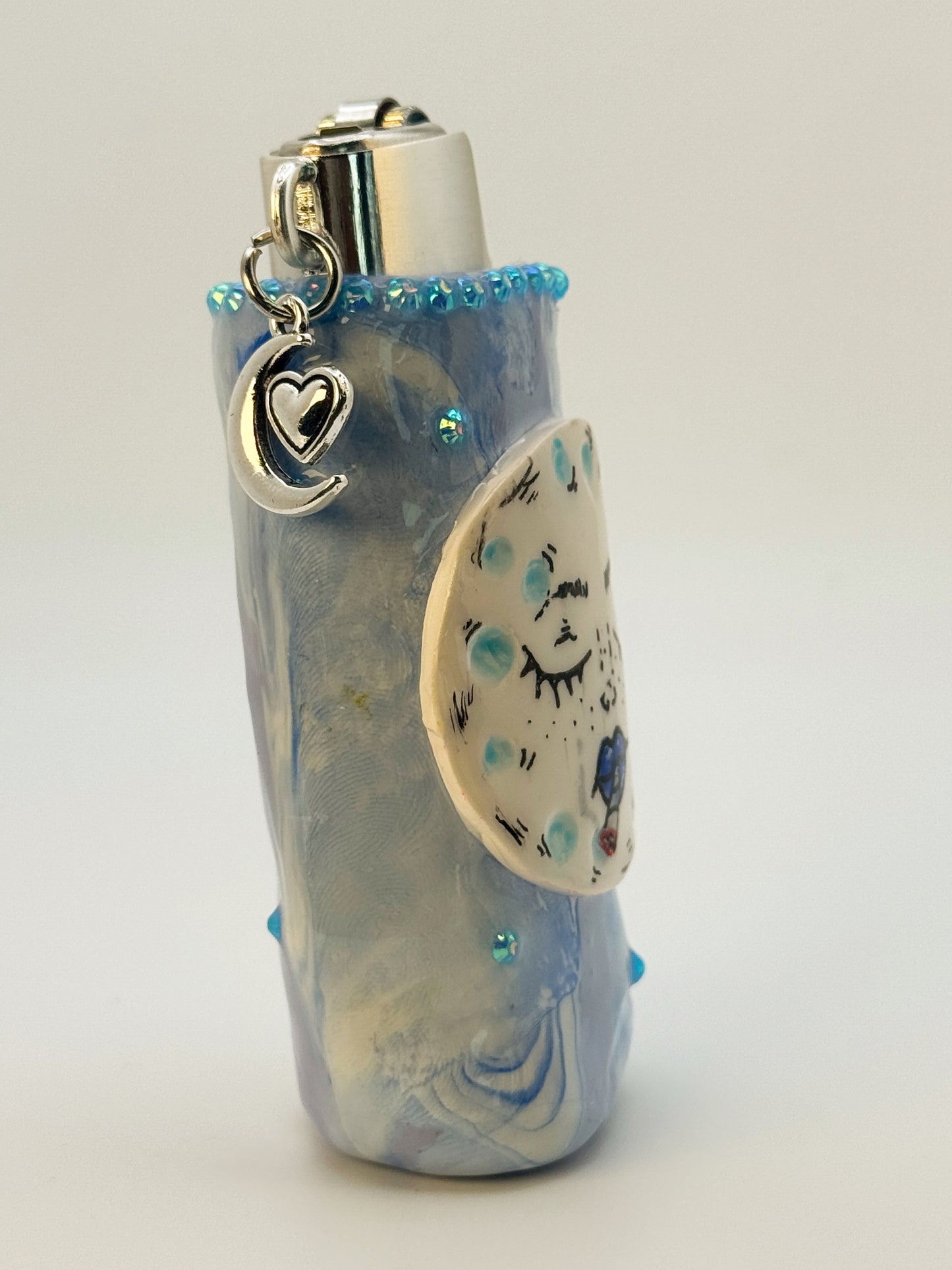 Smoking Blue Moon Lighter Case w/ charm | Fits Standard Bic | Handmade Polymer Clay Art