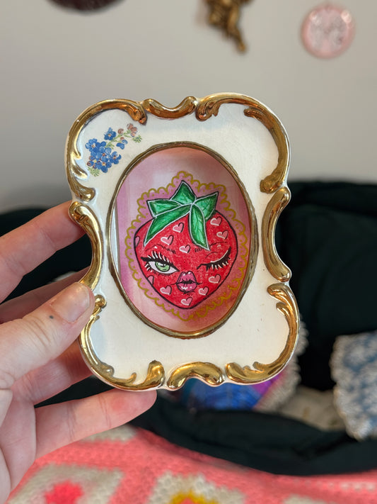 Vintage Ornate Frame with Original Strawberry Cupid Artwork – One of a Kind Mixed Media Art