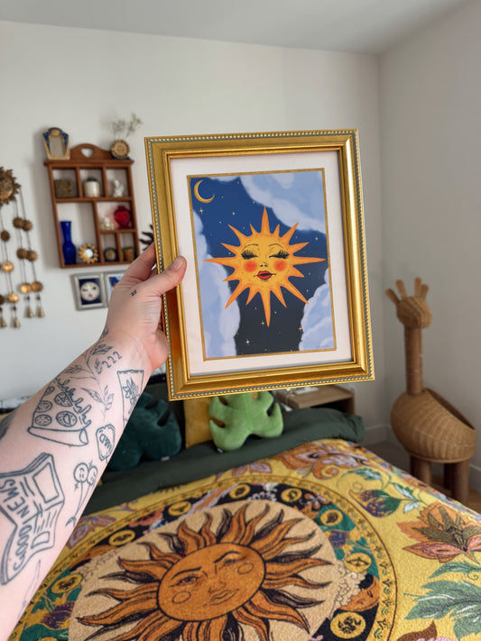 Framed Miss Sunny Art Print – Celestial Whimsigoth Sun & Moon Illustration in Ornate Gold Frame (11.5” x 9.
