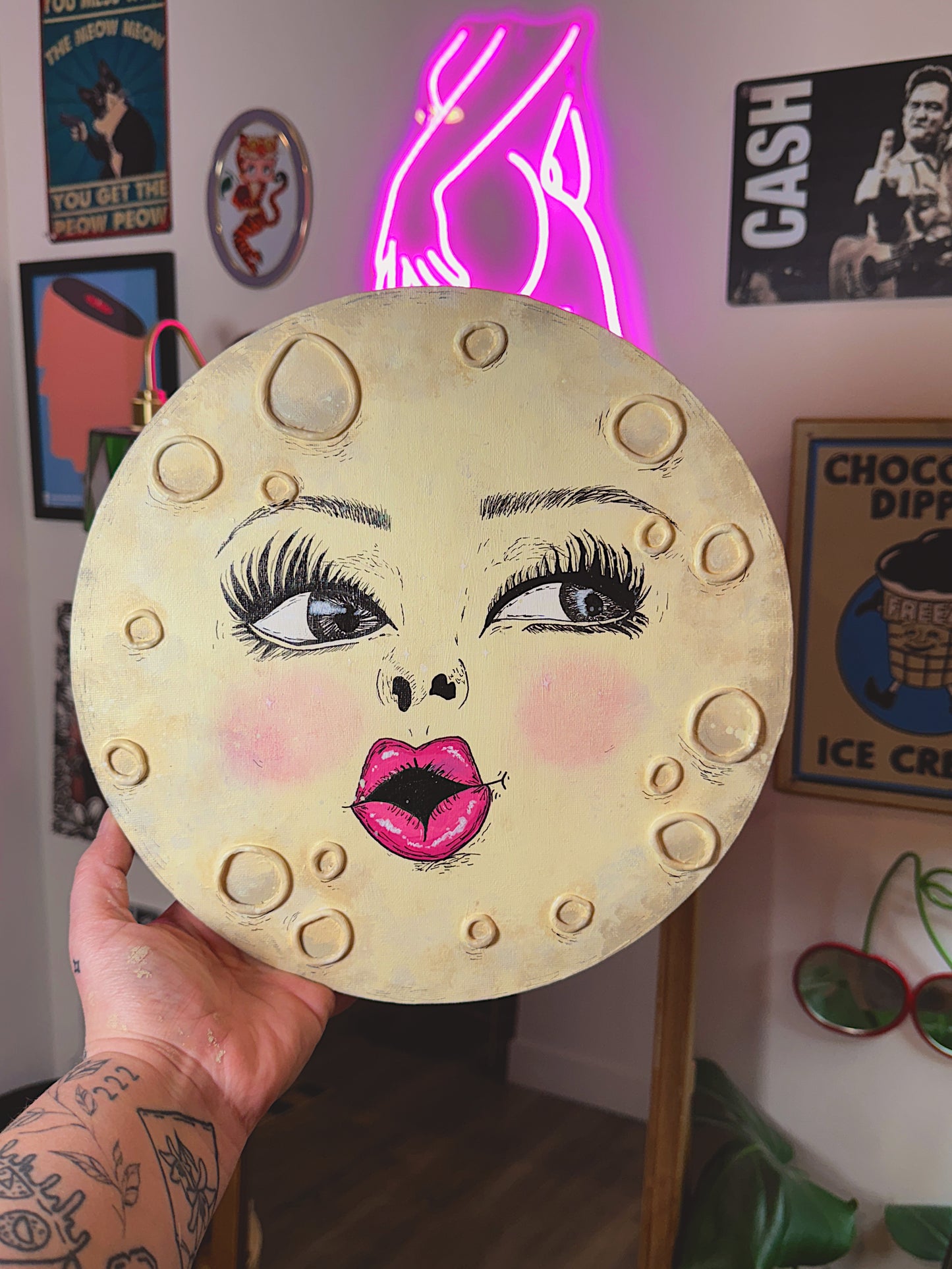 Miss Moon – Hand-Painted Moon Face Wall Art (12” Textured Canvas)