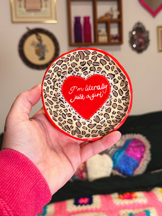 I’m Literally Just a Girl Trinket Dish – Handmade Polymer Clay Cheetah Print Dish with Heart Detail