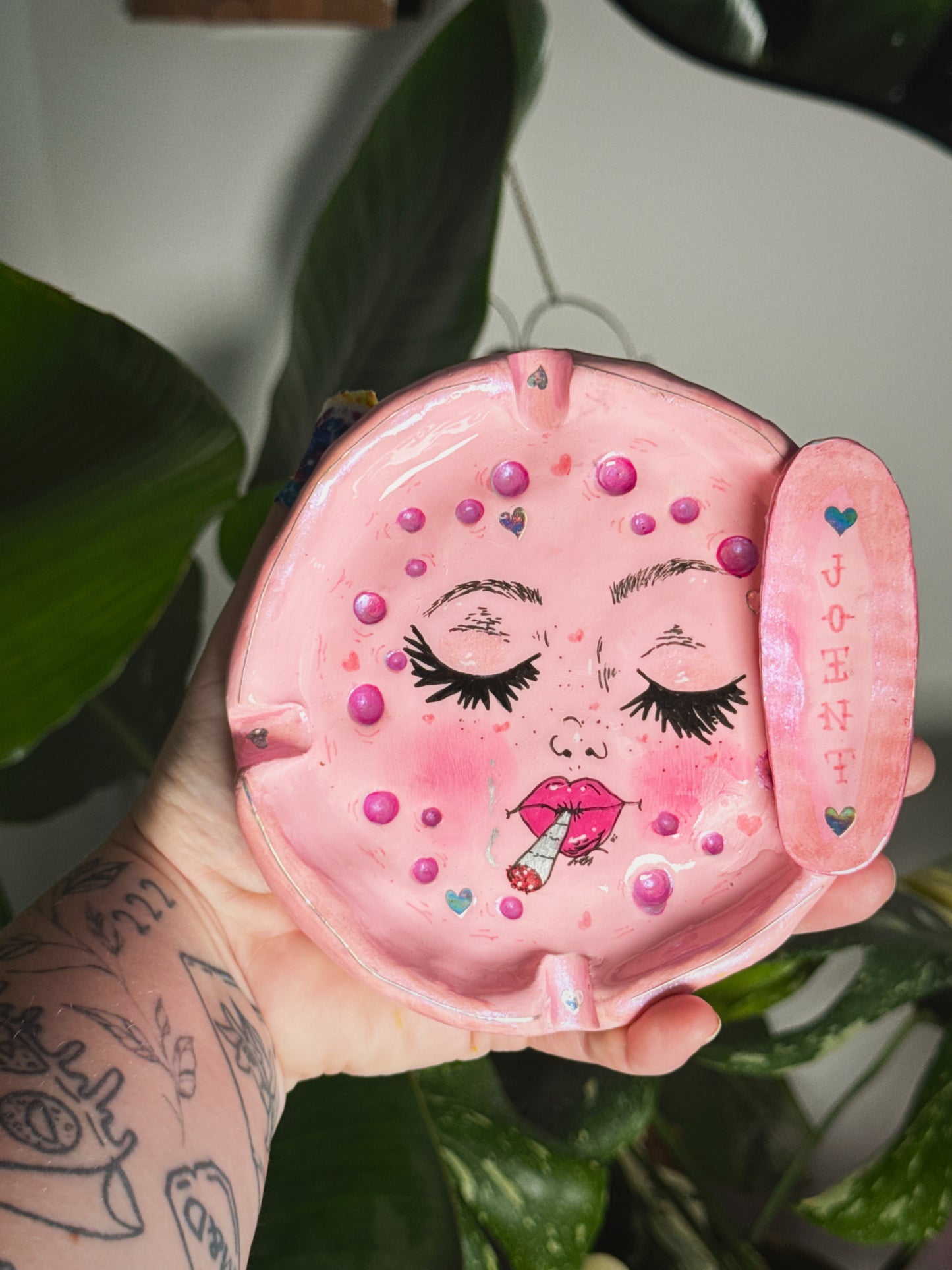 Pink Smoking Moon Ashtray – Hand-Painted Celestial Moon Dish (6”)