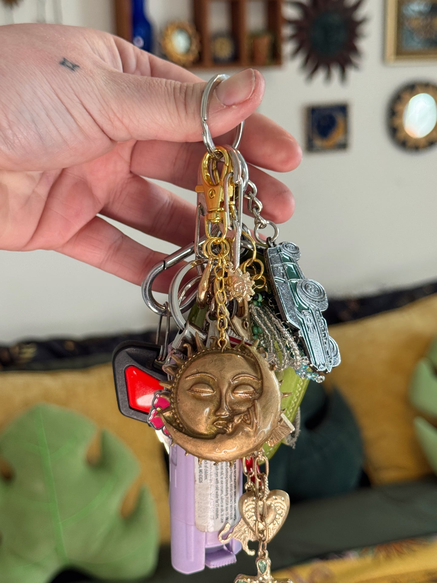 Handmade Celestial Sun & Moon Keychain – Vintage Style Gold Bag Charm