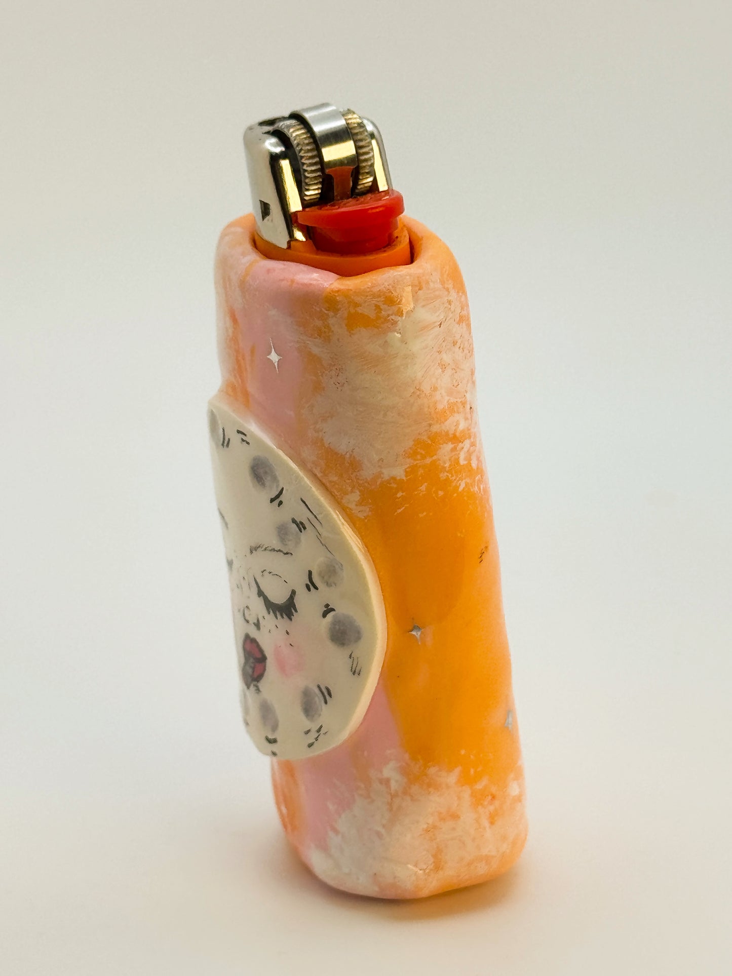 Handmade Smoking Moon Lighter Case – Polymer Clay Celestial Cover – Fits Standard Bic Lighter
