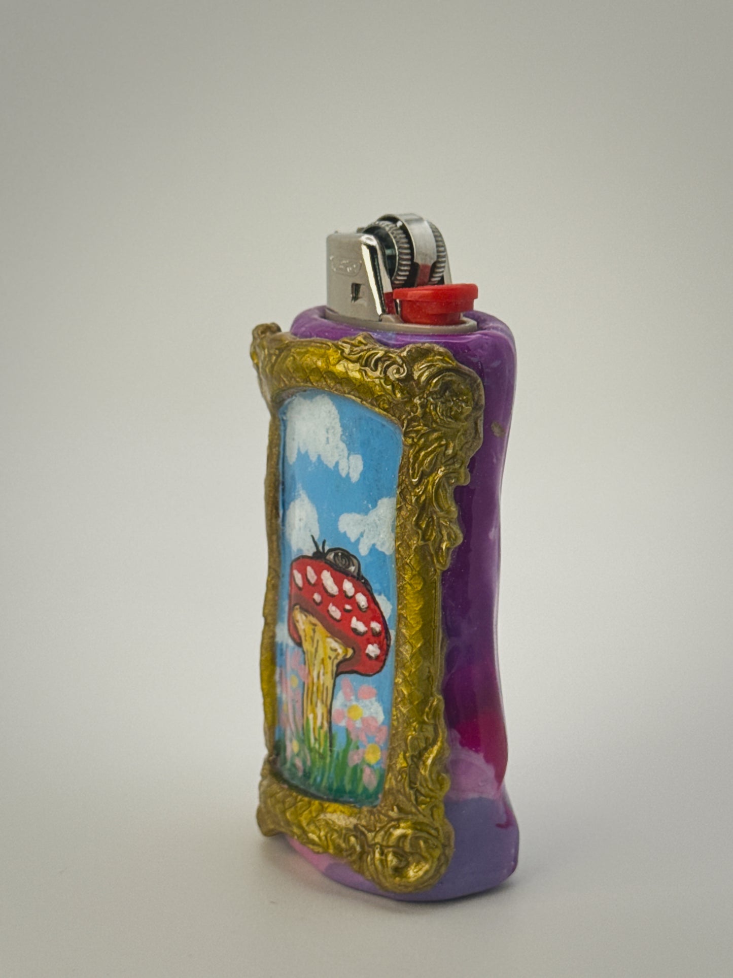 Vintage Frame Snail on Mushroom Lighter Case| Fits Standard Bic | Handmade Polymer Clay Art