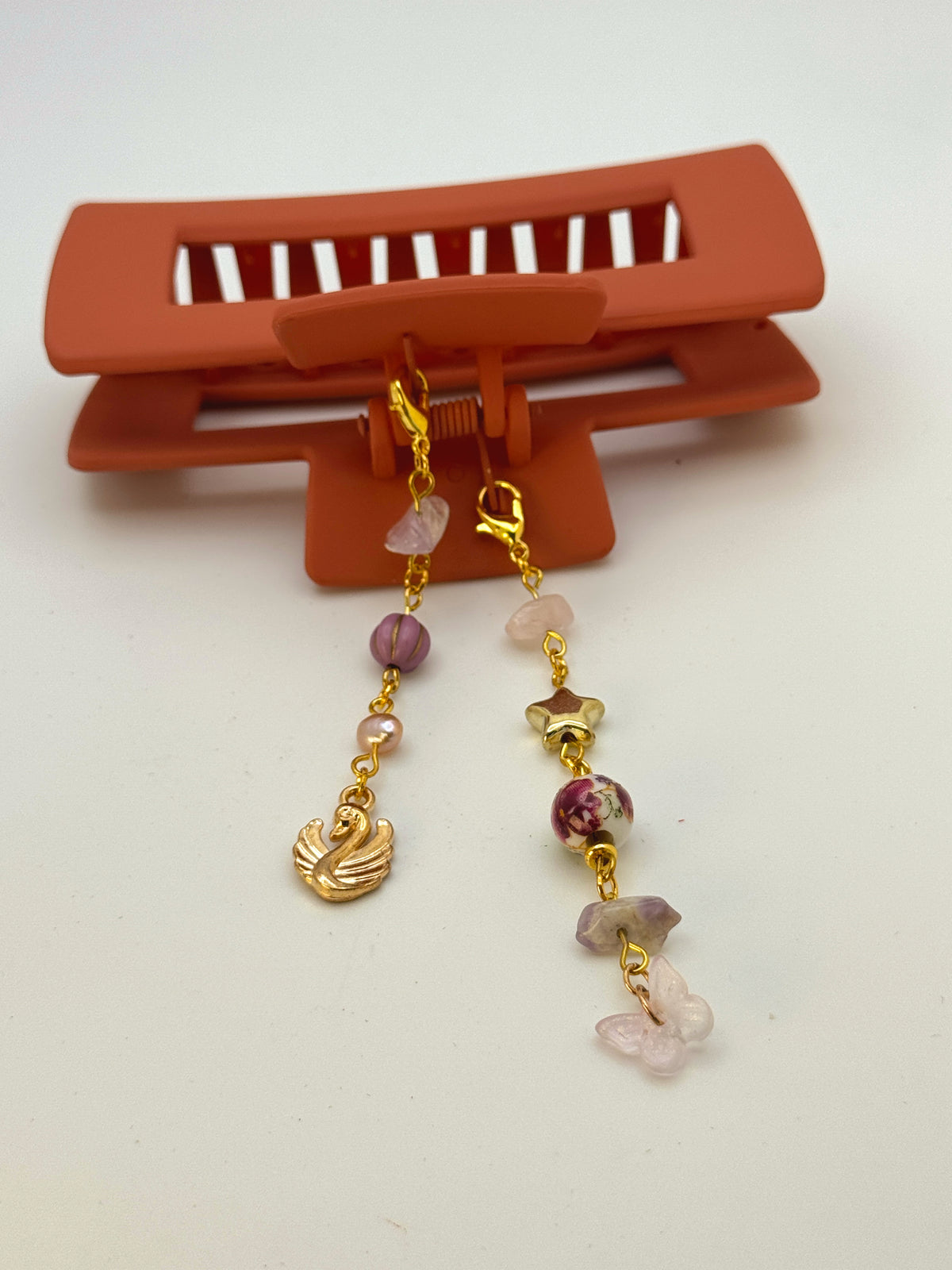 Orange Large Claw Clip with Handmade Beaded Charms | Removable Charm Clip | 4.1”