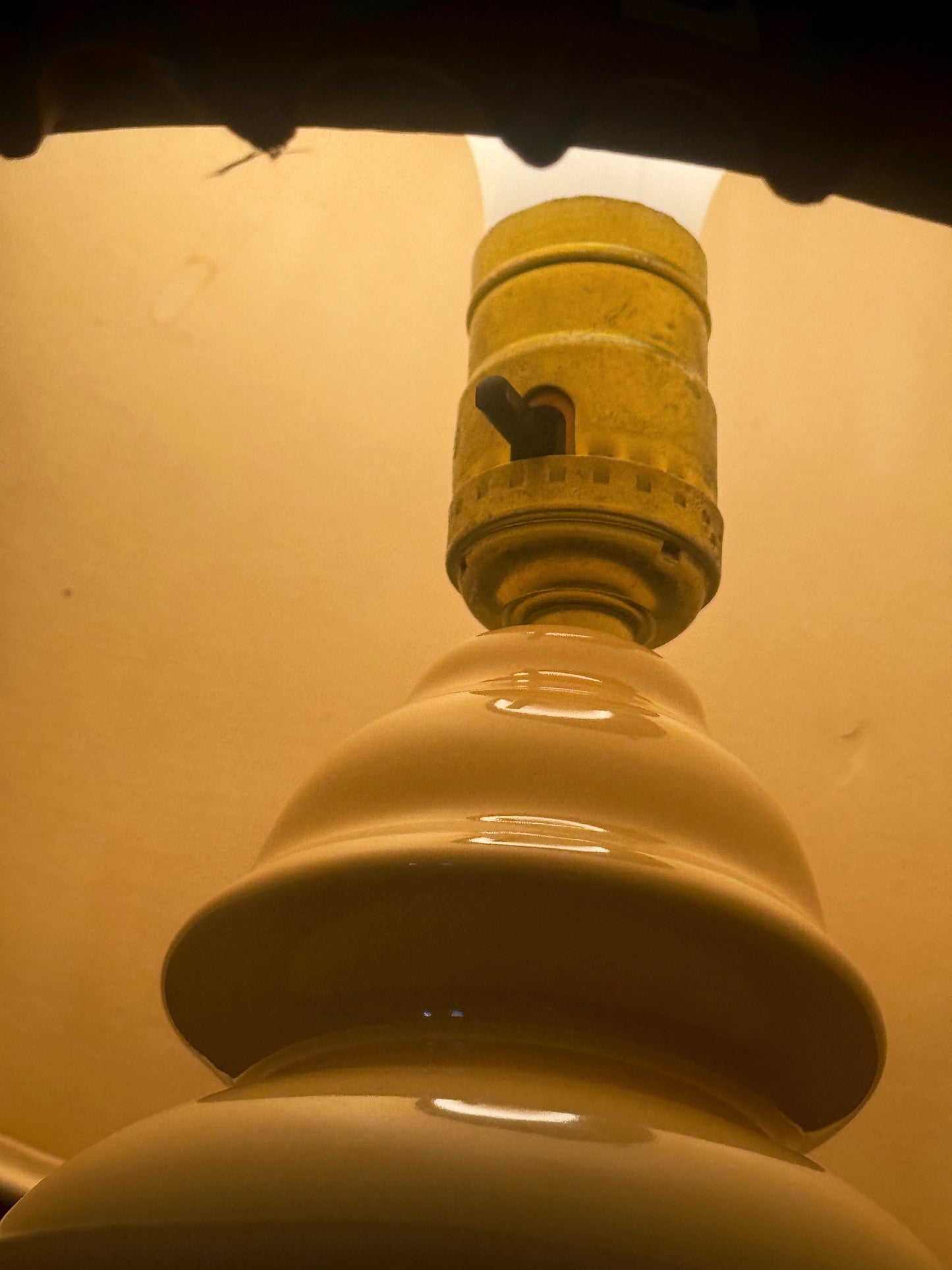 Vintage Ceramic Table Lamp with Signed Pleated Shade – Buttery Yellow + Red – 16.5”