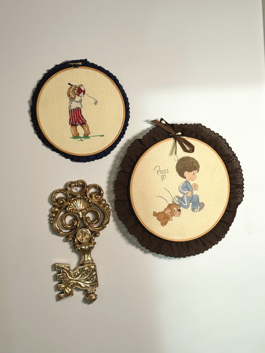 Vintage Nursery Cross Stitch Wall Hanging | Boy & Puppy | Framed Embroidery Hoop