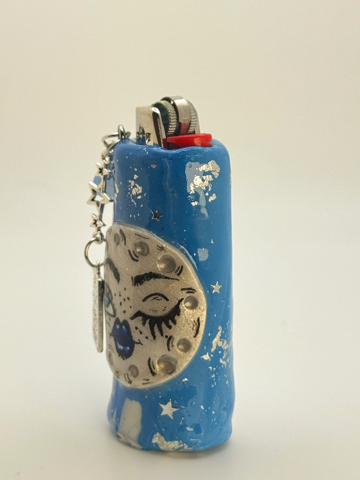 Winking Moon Case with charm| Fits Standard Bic | Handmade Polymer Clay Art