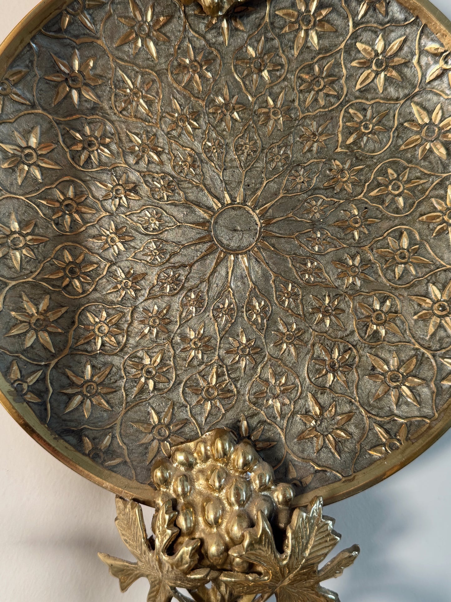 Vintage Solid Brass Wall Sconces Made in India– Grape & Vine Motif – Heavy – Set of 2